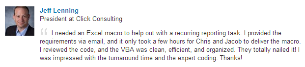 Testimonial on Jacob Hilderbrand, one of the top Excel programmers at VBAExpress, Inc.